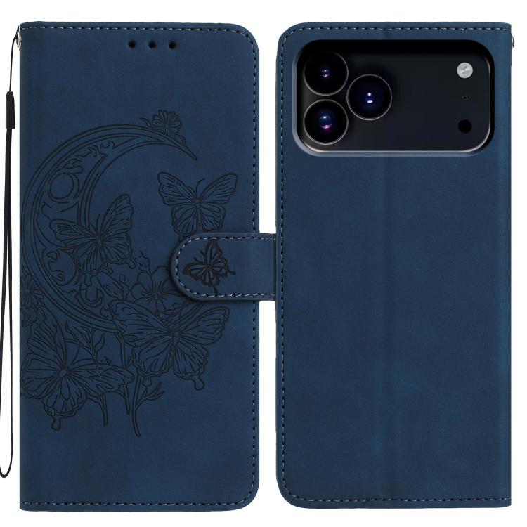 For iPhone 17 Pro Moonlit Butterfly Dance Pattern Embossed Leather Phone Case(Navy Blue)