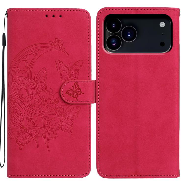 For iPhone 17 Pro Moonlit Butterfly Dance Pattern Embossed Leather Phone Case(Rose Red)