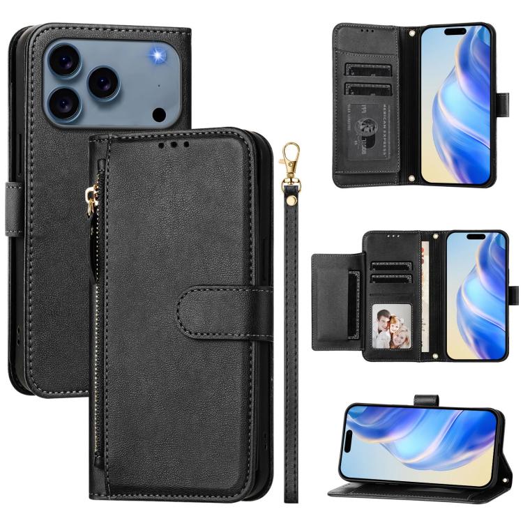 For iPhone 17 Pro Multi-Card Slots Zipper Wallet Leather Phone Case(Black)