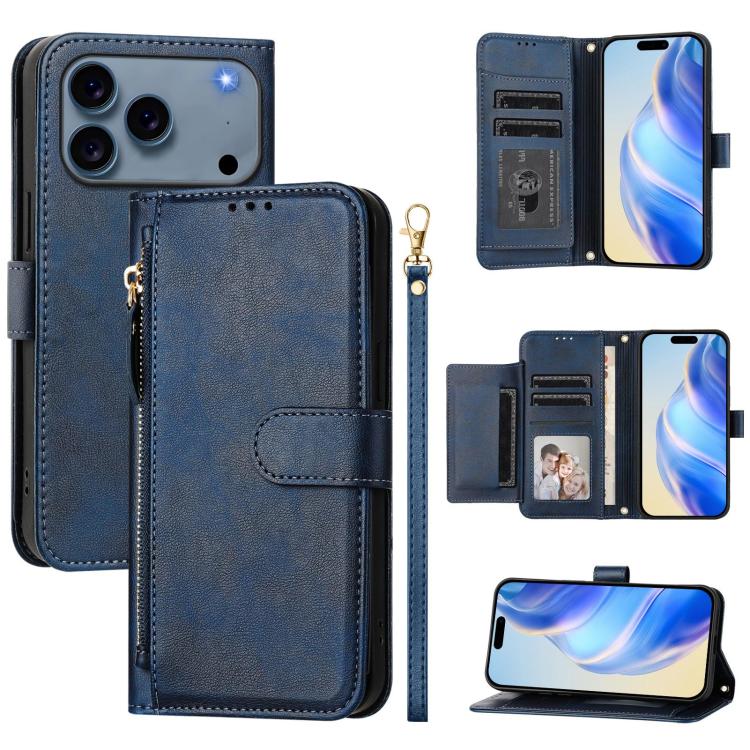 For iPhone 17 Pro Multi-Card Slots Zipper Wallet Leather Phone Case(Blue)