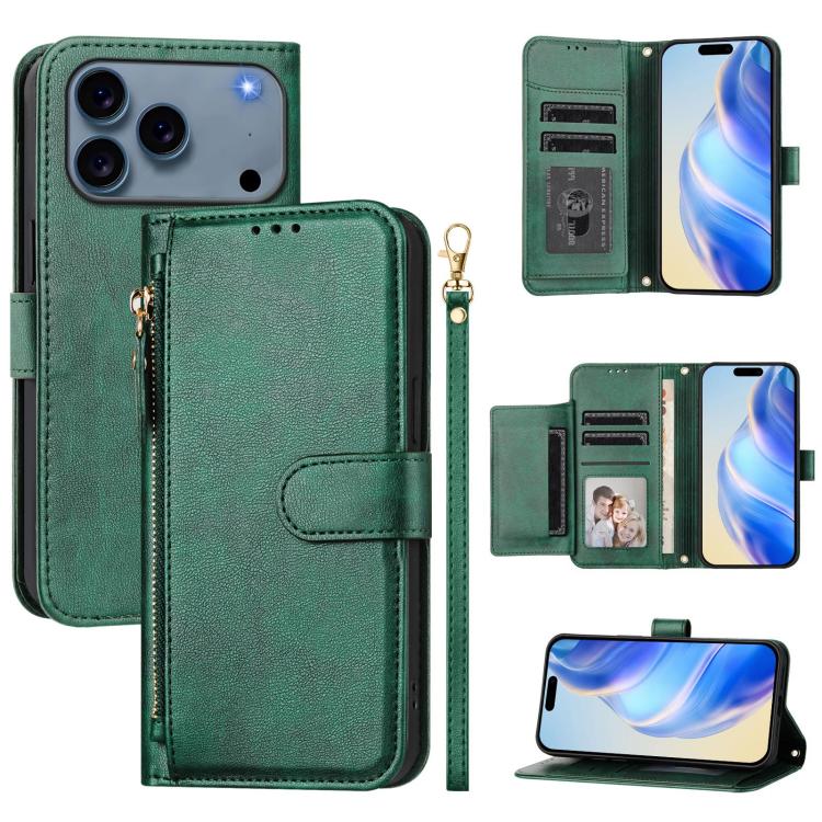 For iPhone 17 Pro Multi-Card Slots Zipper Wallet Leather Phone Case(Green)