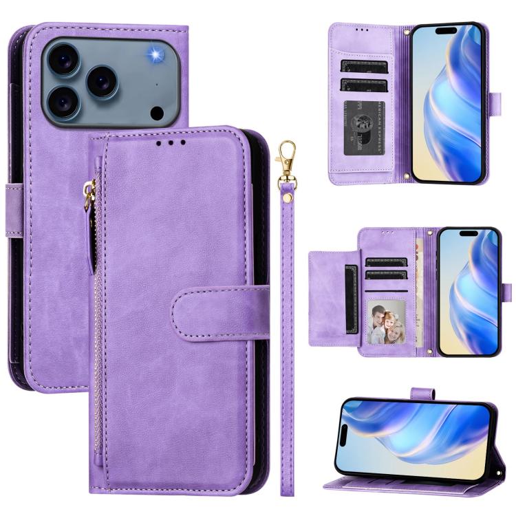 For iPhone 17 Pro Multi-Card Slots Zipper Wallet Leather Phone Case(Purple)
