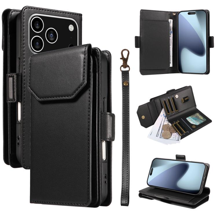 For iPhone 17 Pro Multi Card Wallet Leather Phone Case with Strap(Black)