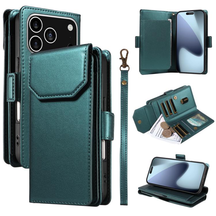 For iPhone 17 Pro Multi Card Wallet Leather Phone Case with Strap(Green)