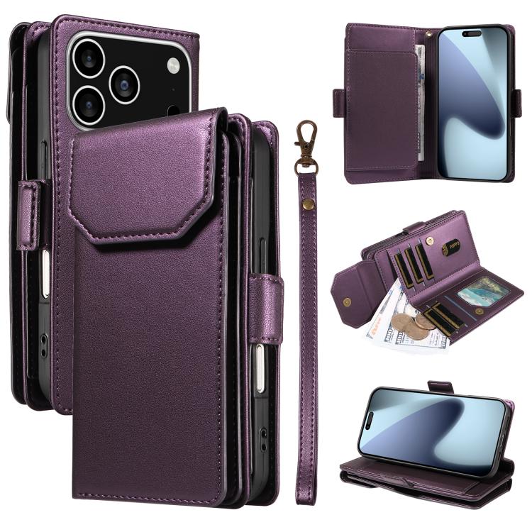 For iPhone 17 Pro Multi Card Wallet Leather Phone Case with Strap(Purple)