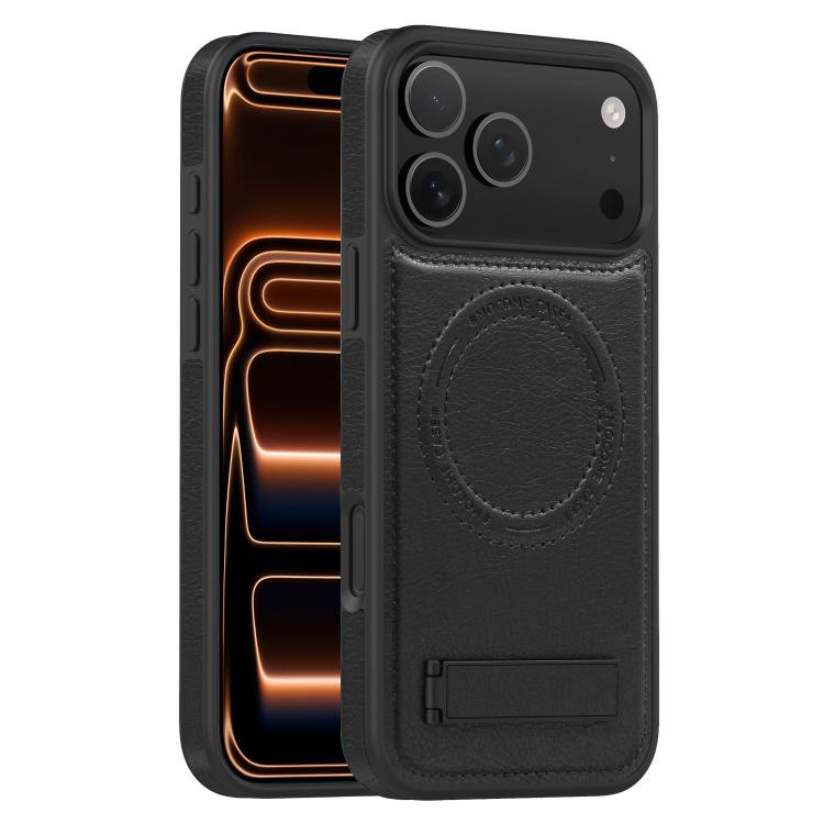 For iPhone 17 Pro Multi-function Holder MagSafe PU Phone Case(Black)