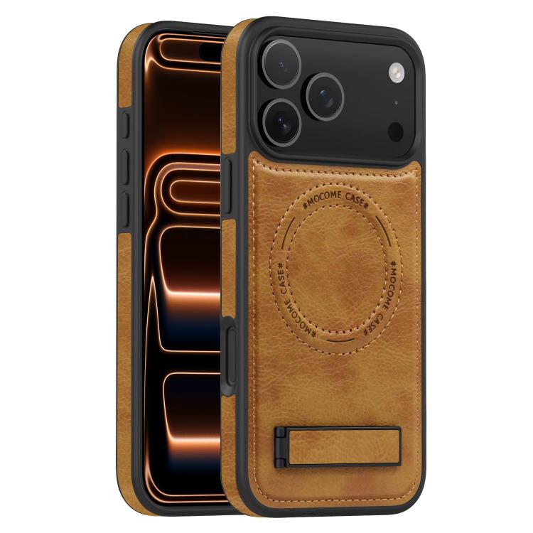 For iPhone 17 Pro Multi-function Holder MagSafe PU Phone Case(Brown)