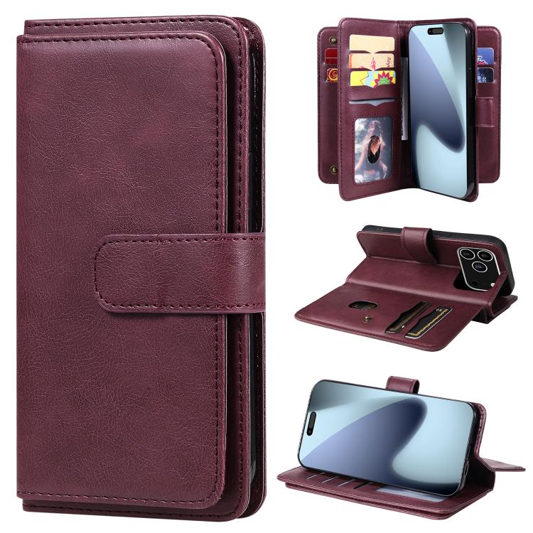 For iPhone 17 Pro Multi-Function Wallet 10 Card Slots Leather Phone Case(Claret)