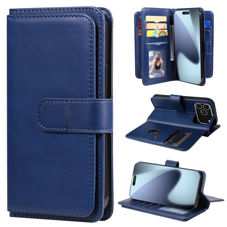 For iPhone 17 Pro Multi-Function Wallet 10 Card Slots Leather Phone Case(Dark Blue)