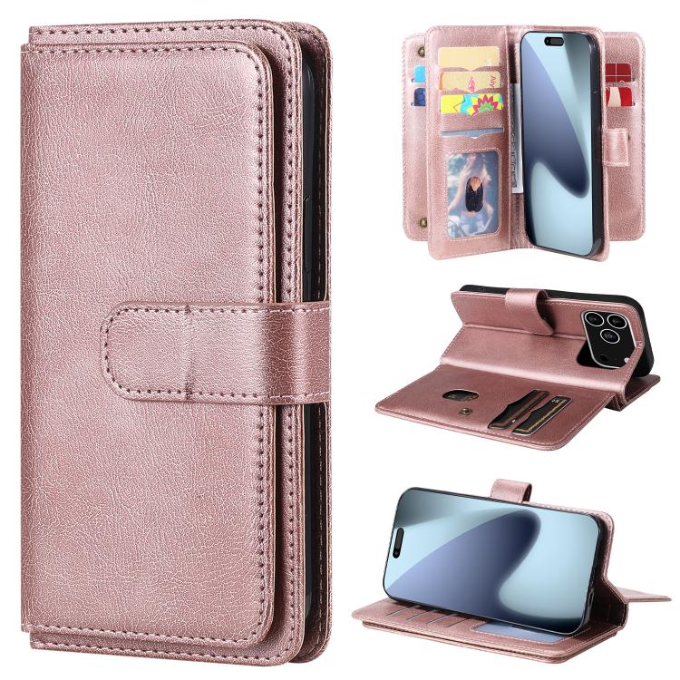 For iPhone 17 Pro Multi-Function Wallet 10 Card Slots Leather Phone Case(Rose Gold)