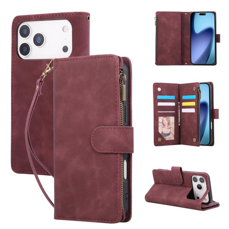 For iPhone 17 Pro Multifunctional Multi-Card Wallet Phone Leather Case(Wine Red)