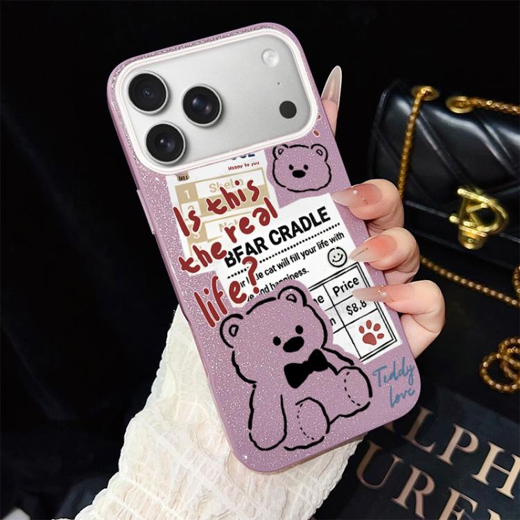 For iPhone 17 Pro Newspaper Bear Pattern IMD Glitter PC Hybrid TPU Phone Case(Purple)