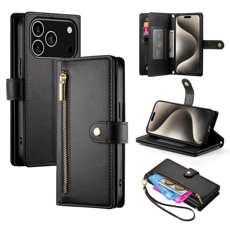 For iPhone 17 Pro Nine Card-slot Zipper Wallet Bag Leather Phone Case(Black)