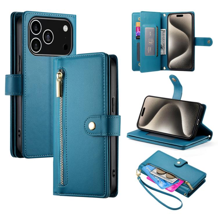 For iPhone 17 Pro Nine Card-slot Zipper Wallet Bag Leather Phone Case(Blue)