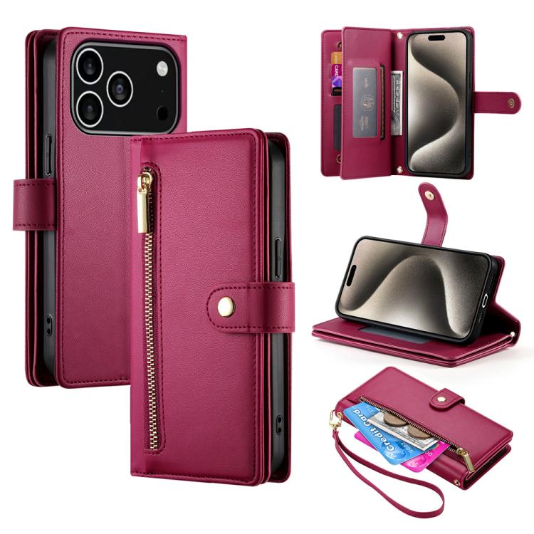 For iPhone 17 Pro Nine Card-slot Zipper Wallet Bag Leather Phone Case(Red)