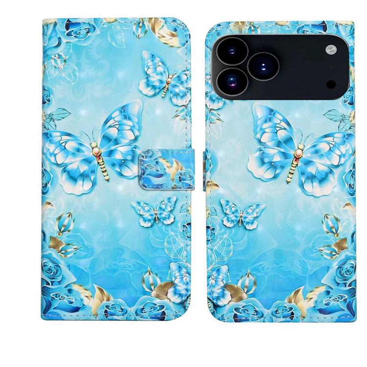 For iPhone 17 Pro Oil Embossed 3D Drawing Leather Phone Case(Blue Butterflies)