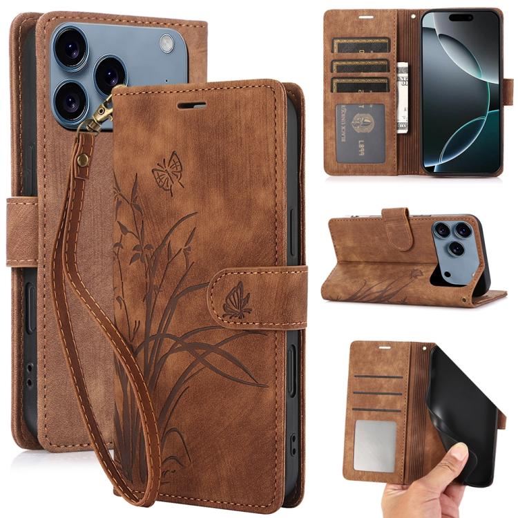 For iPhone 17 Pro Orchid Butterfly Embossed Leather Phone Case(Brown)