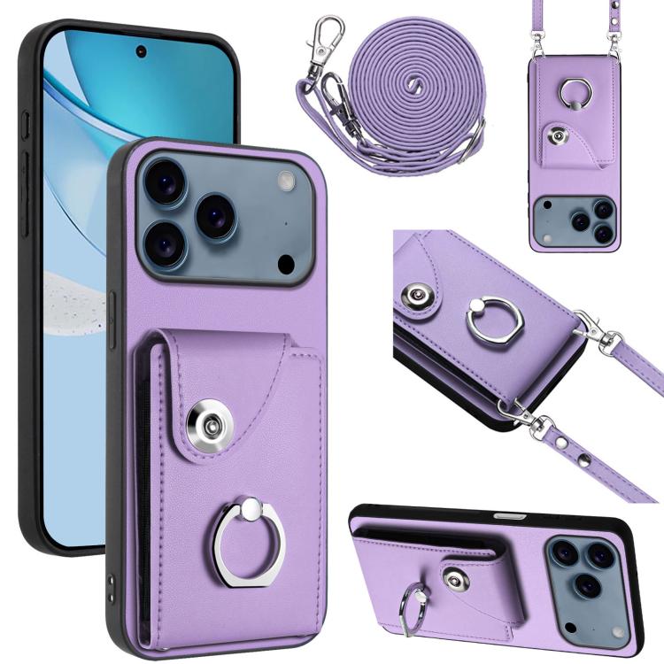 For iPhone 17 Pro Organ Card Bag Ring Holder Phone Case with Long Lanyard(Purple)
