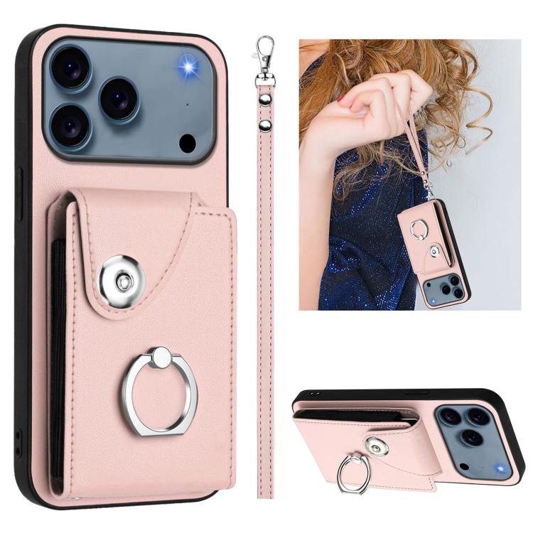 For iPhone 17 Pro Organ Card Bag Ring Holder PU Phone Case with Lanyard(Pink)