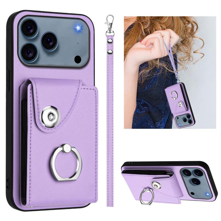For iPhone 17 Pro Organ Card Bag Ring Holder PU Phone Case with Lanyard(Purple)