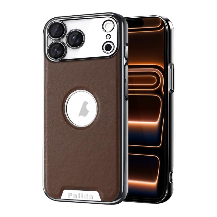 For iPhone 17 Pro Palida Electroplated Mecha-Style Vegan Leather Shockproof Phone Case(Brown)
