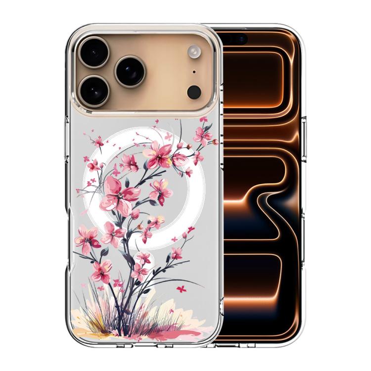 For iPhone 17 Pro Pattern Printing TPU + PC Magnetic Shockproof Phone Case(Pink Flower 012)