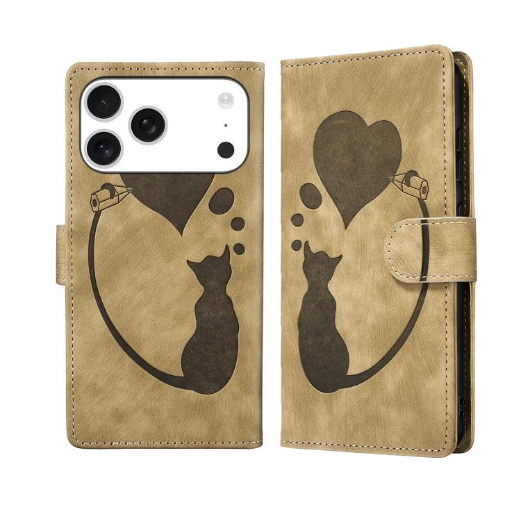 For iPhone 17 Pro Pen Heart Cat Embossed Leather Phone Case(Apricot)