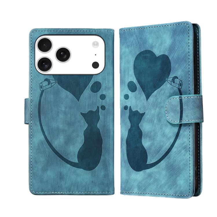 For iPhone 17 Pro Pen Heart Cat Embossed Leather Phone Case(Blue)