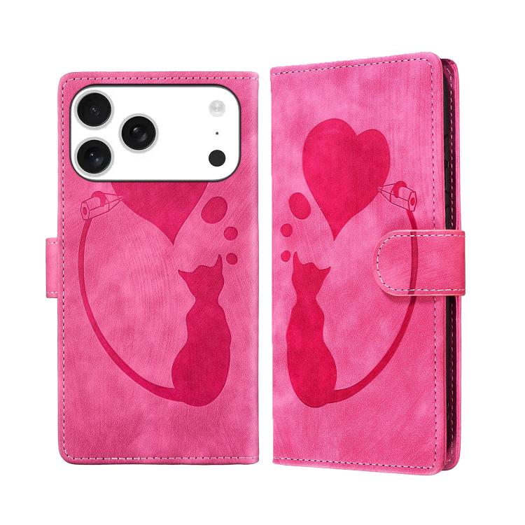 For iPhone 17 Pro Pen Heart Cat Embossed Leather Phone Case(Pink)