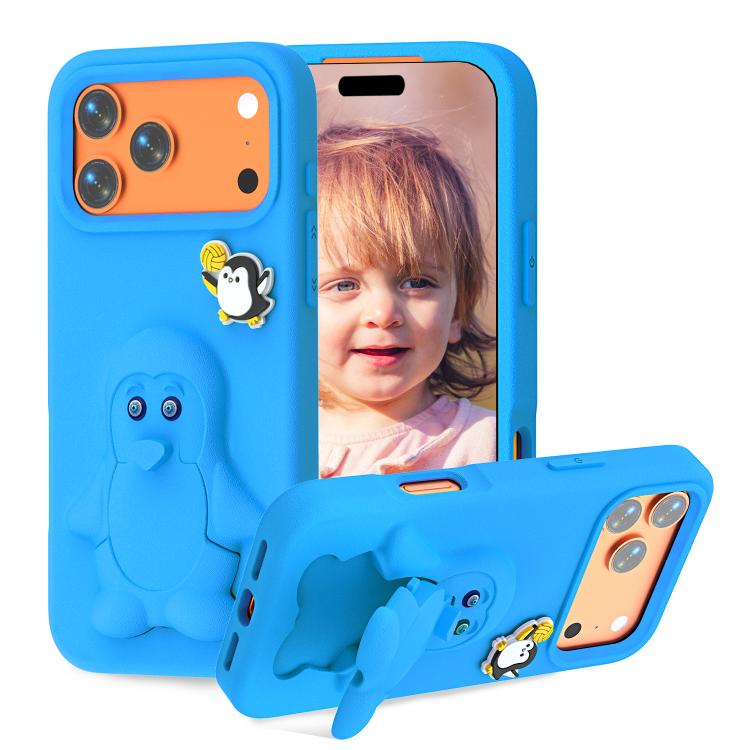 For iPhone 17 Pro Penguin Baby EVA Shockproof Phone Case with Holder(Blue)