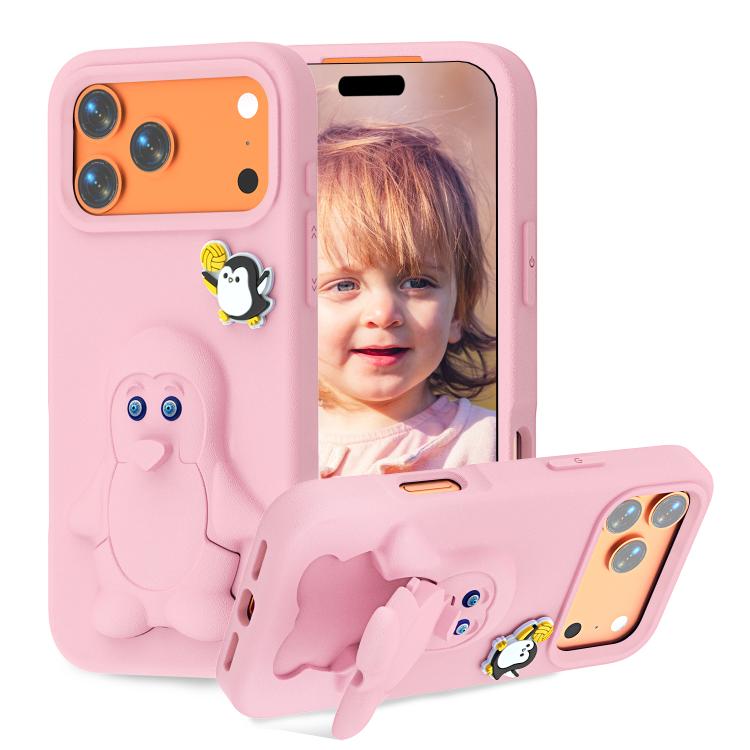 For iPhone 17 Pro Penguin Baby EVA Shockproof Phone Case with Holder(Pink)