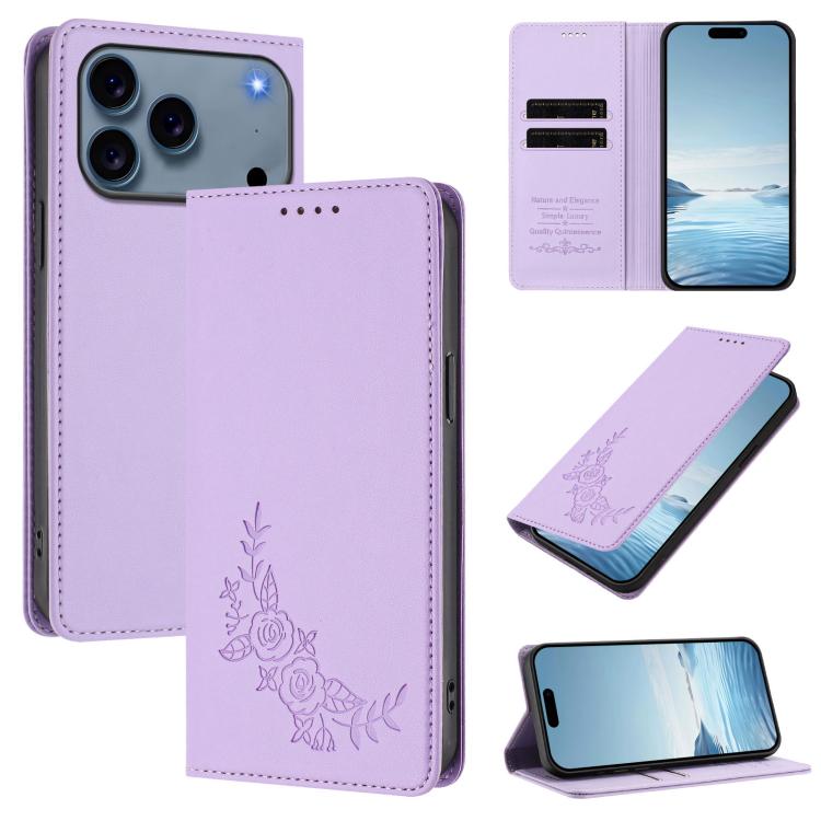 For iPhone 17 Pro Peony Embossed Magnetic RFID Vegan Leather Phone Case(Light Purple)