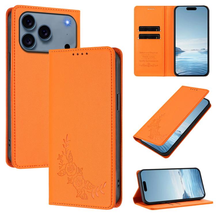 For iPhone 17 Pro Peony Embossed Magnetic RFID Vegan Leather Phone Case(Orange)