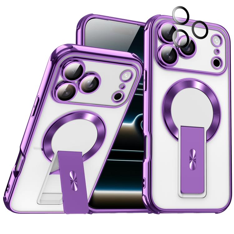 For iPhone 17 Pro Phantom Electroplated Four-Corner Airbag Invisible Holder Shockproof Magnetic Phone Case(Dark Purple)
