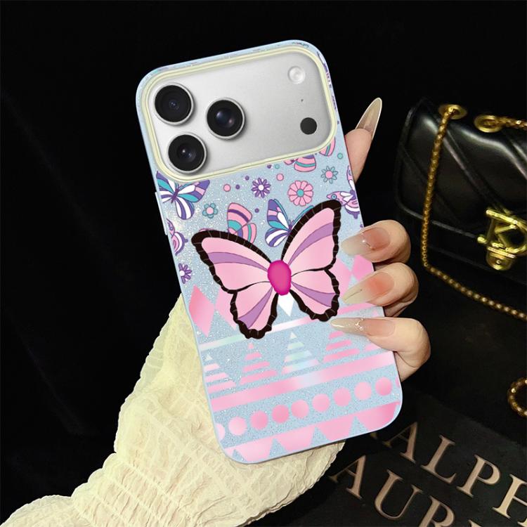For iPhone 17 Pro Pink Butterfly Pattern IMD Glitter PC Hybrid TPU Phone Case(Blue)