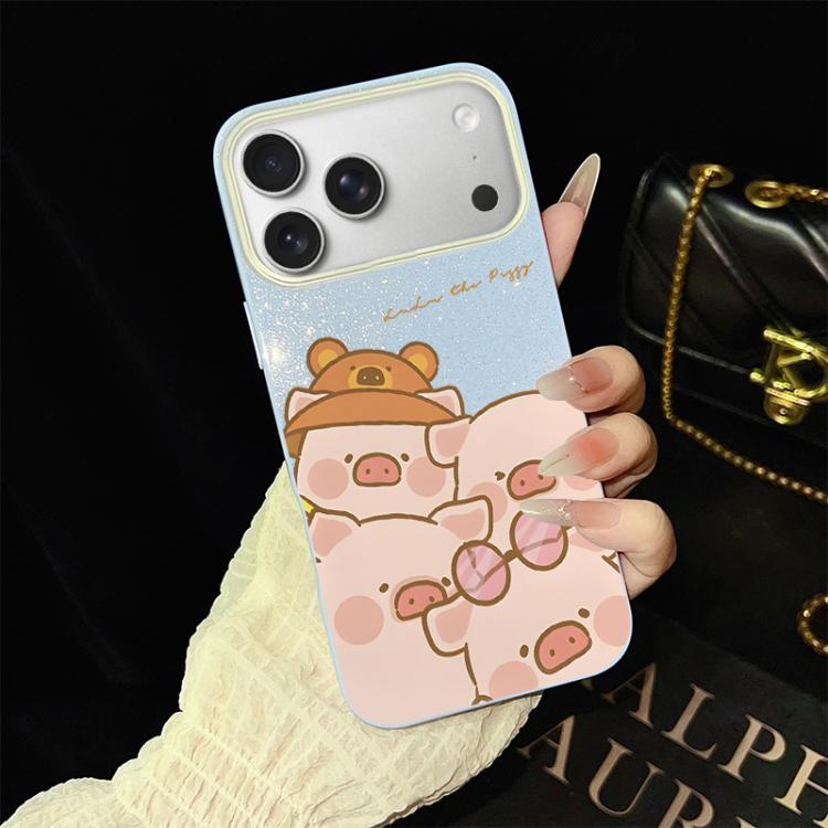 For iPhone 17 Pro Pink Pig Pattern IMD Glitter PC Hybrid TPU Phone Case(Blue)