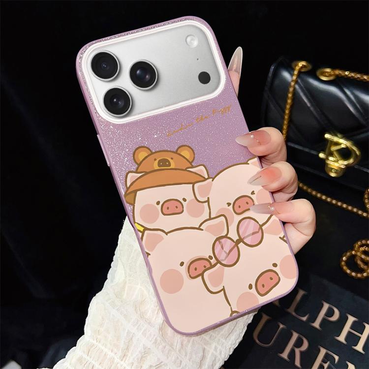 For iPhone 17 Pro Pink Pig Pattern IMD Glitter PC Hybrid TPU Phone Case(Purple)
