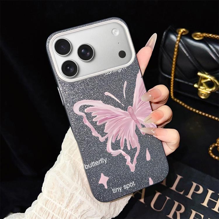 For iPhone 17 Pro Pink Stars Butterfly Pattern IMD Glitter PC Hybrid TPU Phone Case(Black)