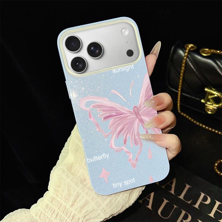 For iPhone 17 Pro Pink Stars Butterfly Pattern IMD Glitter PC Hybrid TPU Phone Case(Blue)