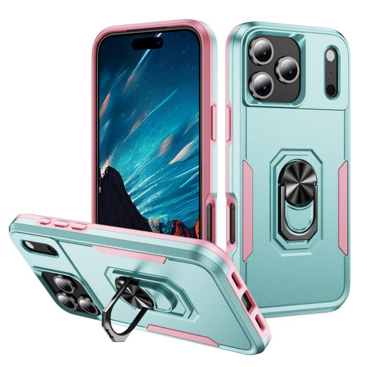 For iPhone 17 Pro Pioneer Armor Heavy Duty PC + TPU Phone Case with Holder(Green+Pink)