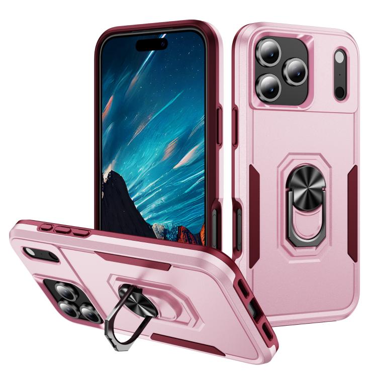 For iPhone 17 Pro Pioneer Armor Heavy Duty PC + TPU Phone Case with Holder(Pink+Rose Red)