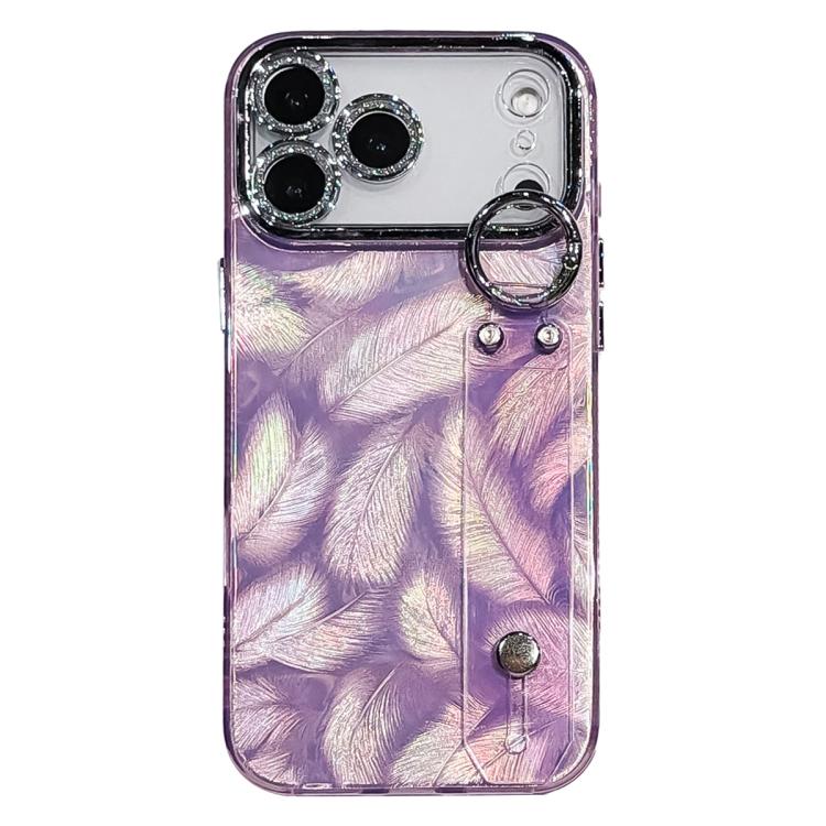 For iPhone 17 Pro Plating Feather Texture Wristband Holder TPU Phone Case with Lens Film(Purple)