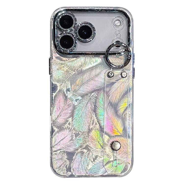 For iPhone 17 Pro Plating Feather Texture Wristband Holder TPU Phone Case with Lens Film(Silver)