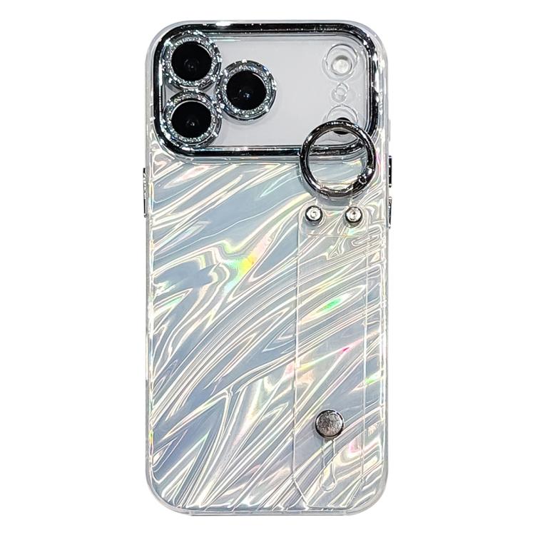 For iPhone 17 Pro Plating Ripples Texture Wristband Holder TPU Phone Case with Lens Film(Silver)