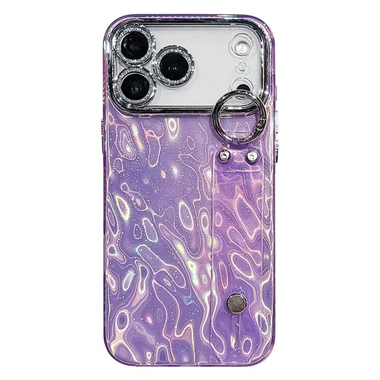For iPhone 17 Pro Plating Wrinkled Texture Wristband Holder TPU Phone Case with Lens Film(Purple)