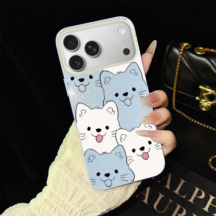 For iPhone 17 Pro Playful Tongue-Out Puppy Pattern IMD Glitter PC Hybrid TPU Phone Case(Blue)