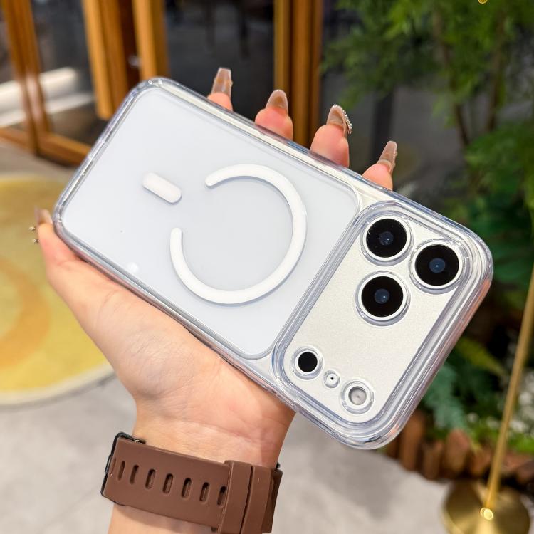 For iPhone 17 Pro Precise Hole Shockproof Magnetic TPU Hybrid Acrylic Transparent Phone Case(White)