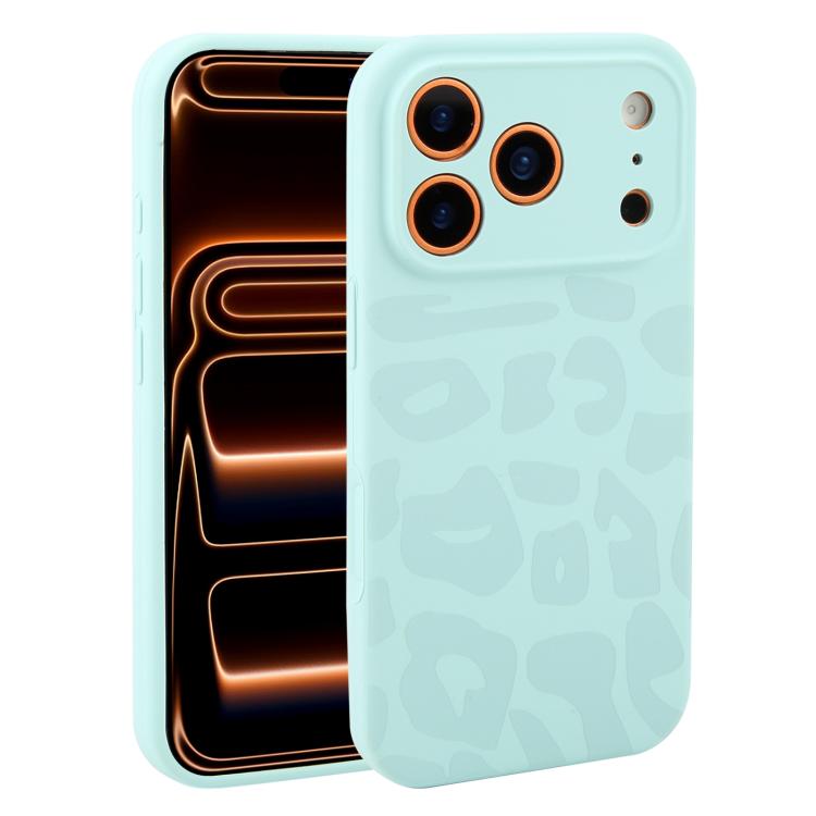 For iPhone 17 Pro Precision Hole Leopard Print Liquid Silicone Phone Case(Light Cyan)