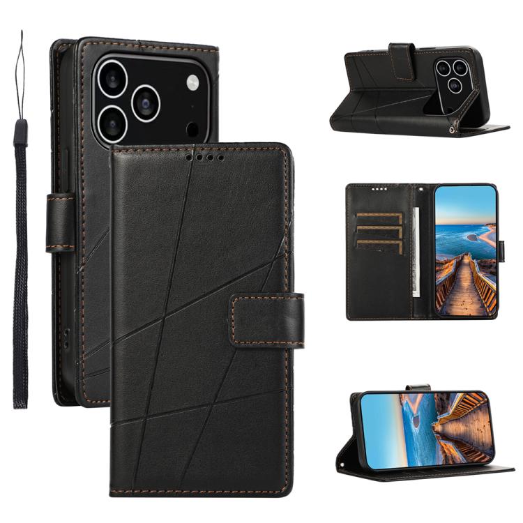 For iPhone 17 Pro PU Genuine Leather Texture Embossed Line Phone Case(Black)