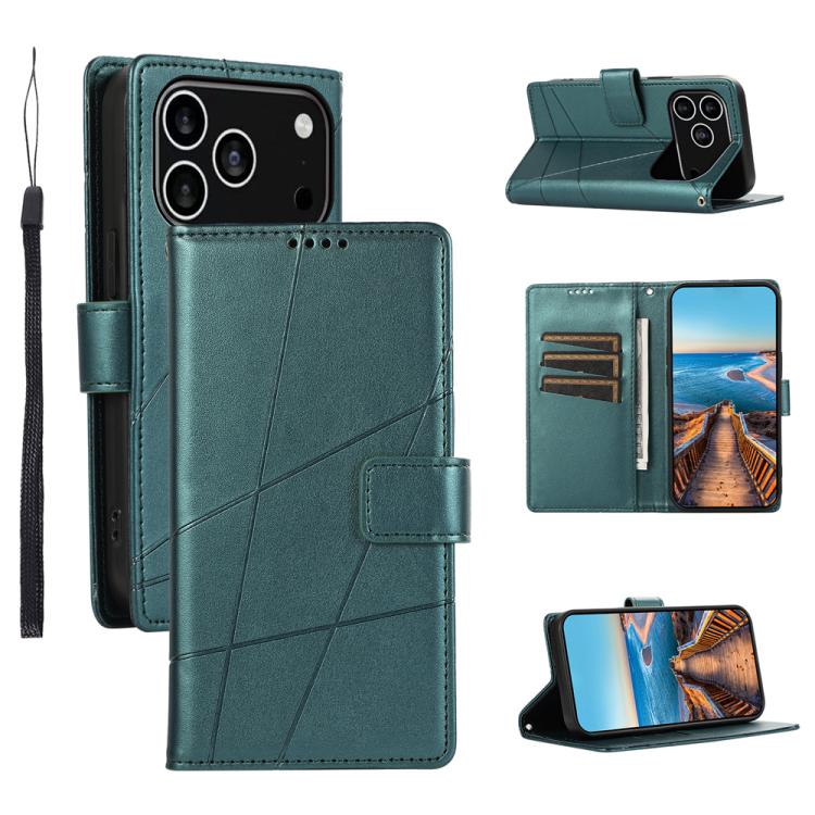 For iPhone 17 Pro PU Genuine Leather Texture Embossed Line Phone Case(Green)